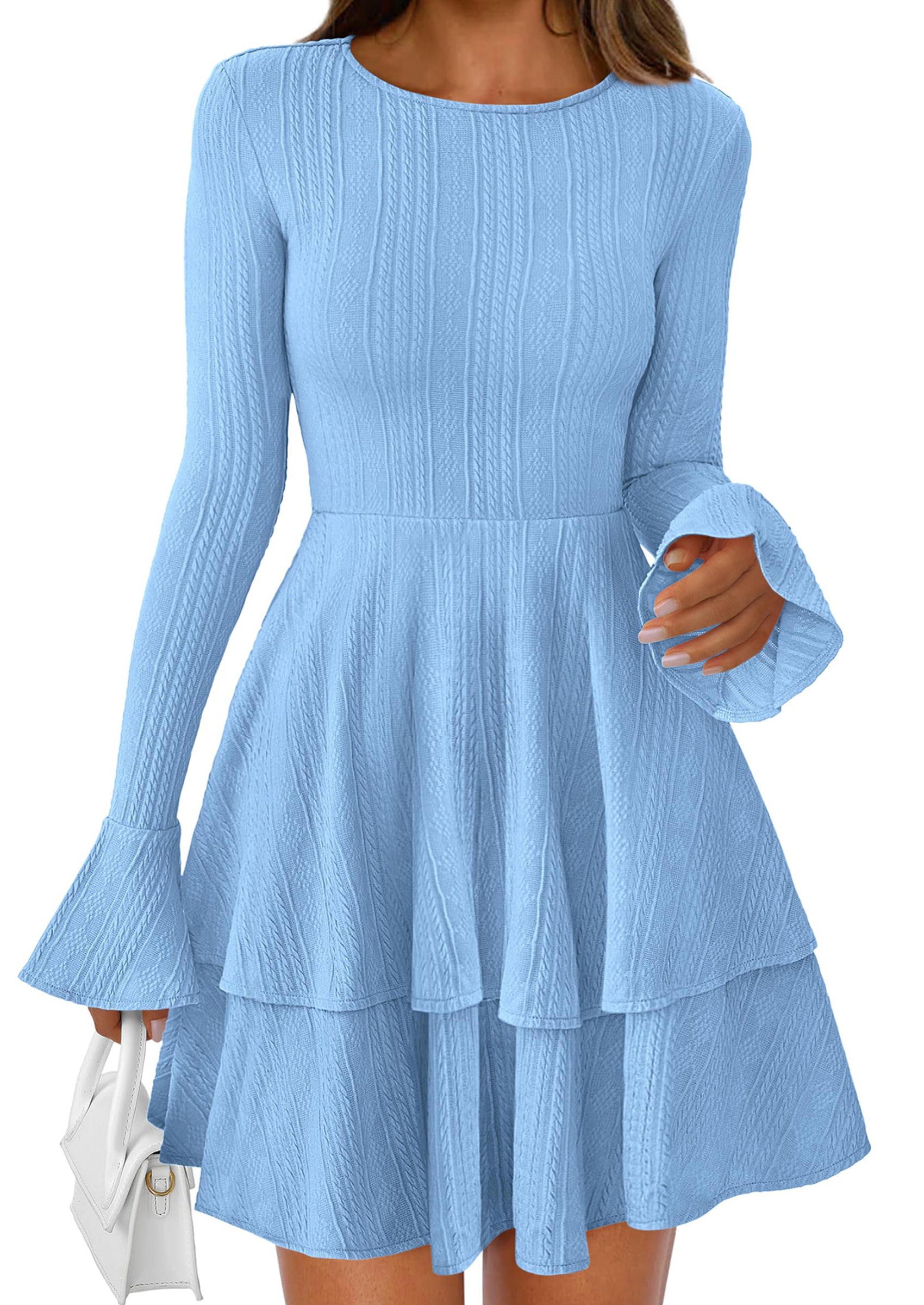 PRETTYGARDEN Womens Spring Fashion Long Bell Sleeve Mini Sweater Dress Casual Crewneck A Line Knit Short Cocktail Dresses - PRETTYGARDEN