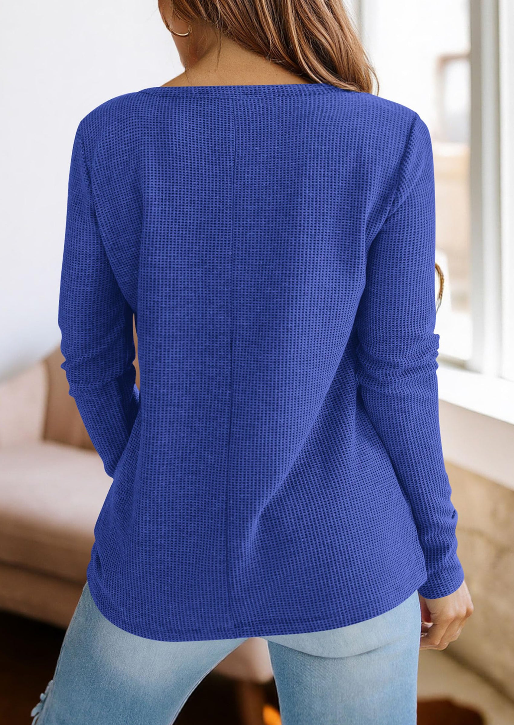 PRETTYGARDEN Long Sleeve Shirts for Women Fall V Neck Waffle Basic Tee Dressy Casual Winter Blouses Knit Tunic Tops