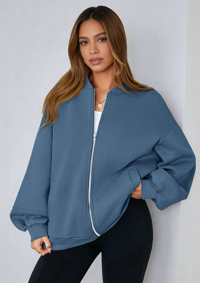 KIRUNDO Oversized Sweatshirt for Women Zip Up Bomber Jacket Fall Fashion Casual Long Sleeve Outerwear Winter Outfits