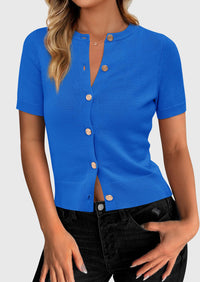 PRETTYGARDEN Womens Casual Summer Short Sleeve Cardigans Button Down Knitted Sweater Basic Crew Neck Crop Tops