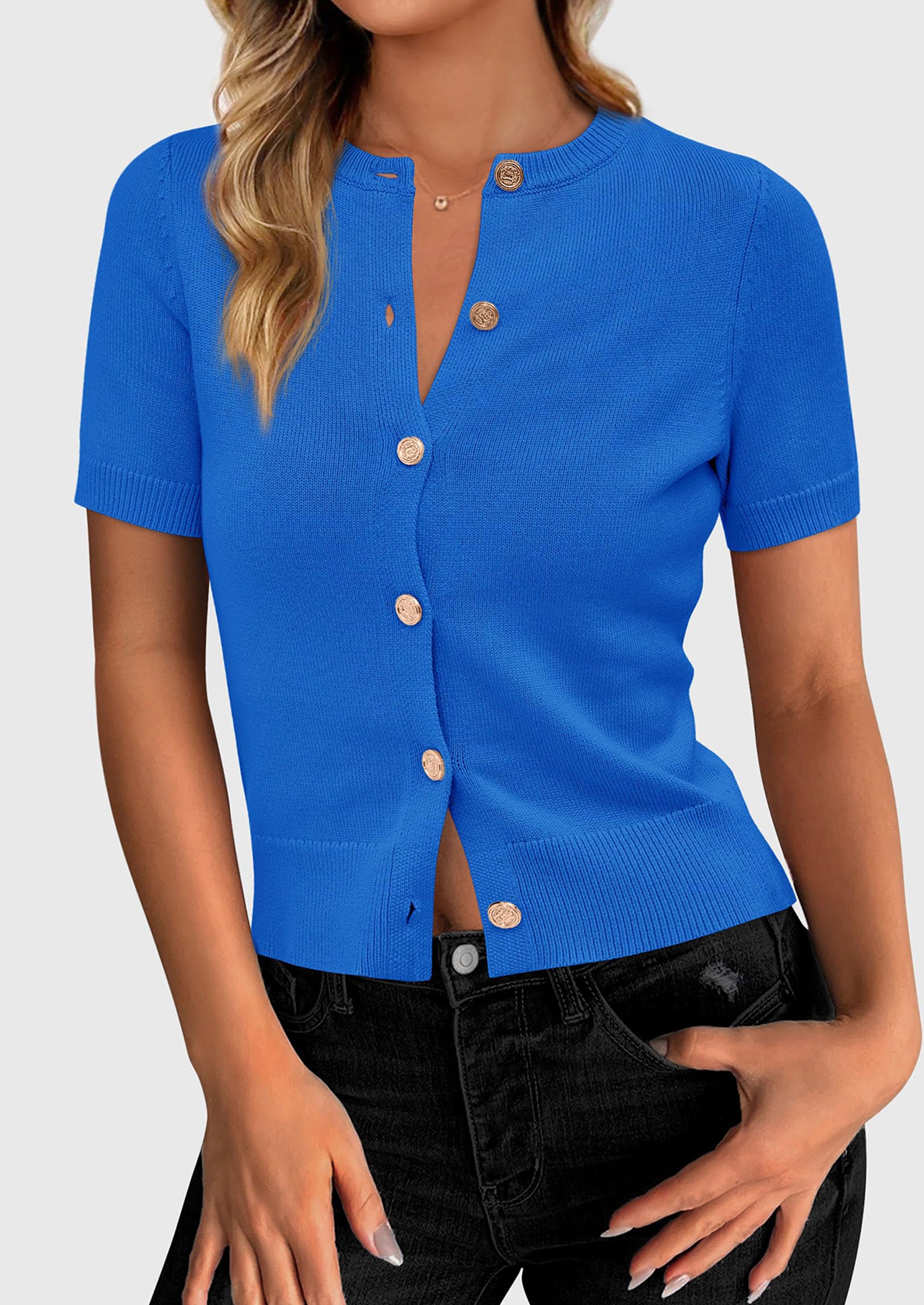 PRETTYGARDEN Womens Casual Summer Short Sleeve Cardigans Button Down Knitted Sweater Basic Crew Neck Crop Tops