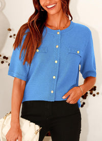 Button Down Casual Short Sleeve Crew Neck Ribbed Knit Shirts