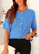 Summer Button Down Shirts Casual Short Sleeve Crew Neck Ribbed Knit Blouse Top Cardigans