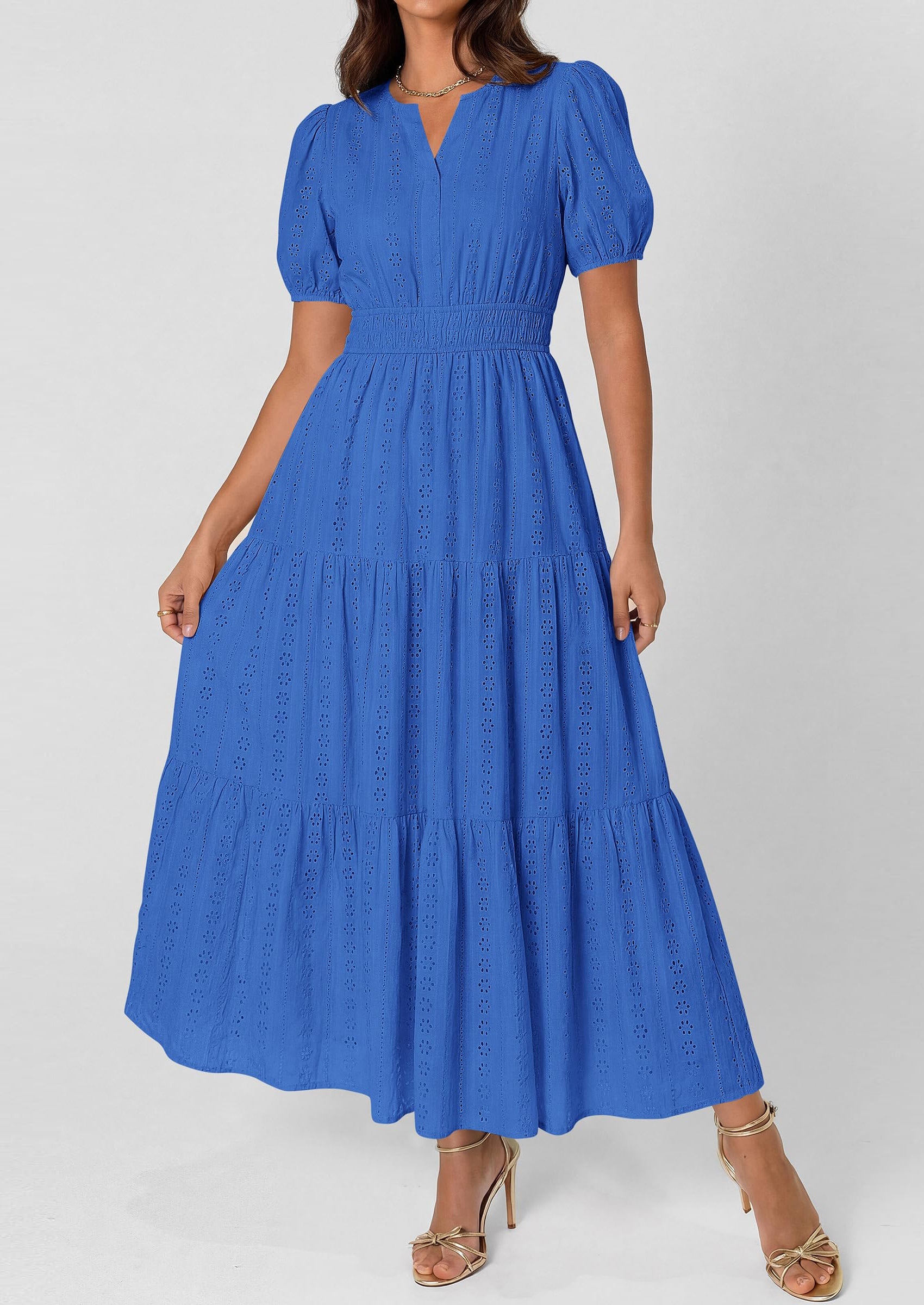 PRETTYGARDEN Womens Summer Maxi Dresses Casual Puff Sleeve V Neck Smocked Flowy Eyelet Cotton Dress Spring Sundress PRETTYGARDEN