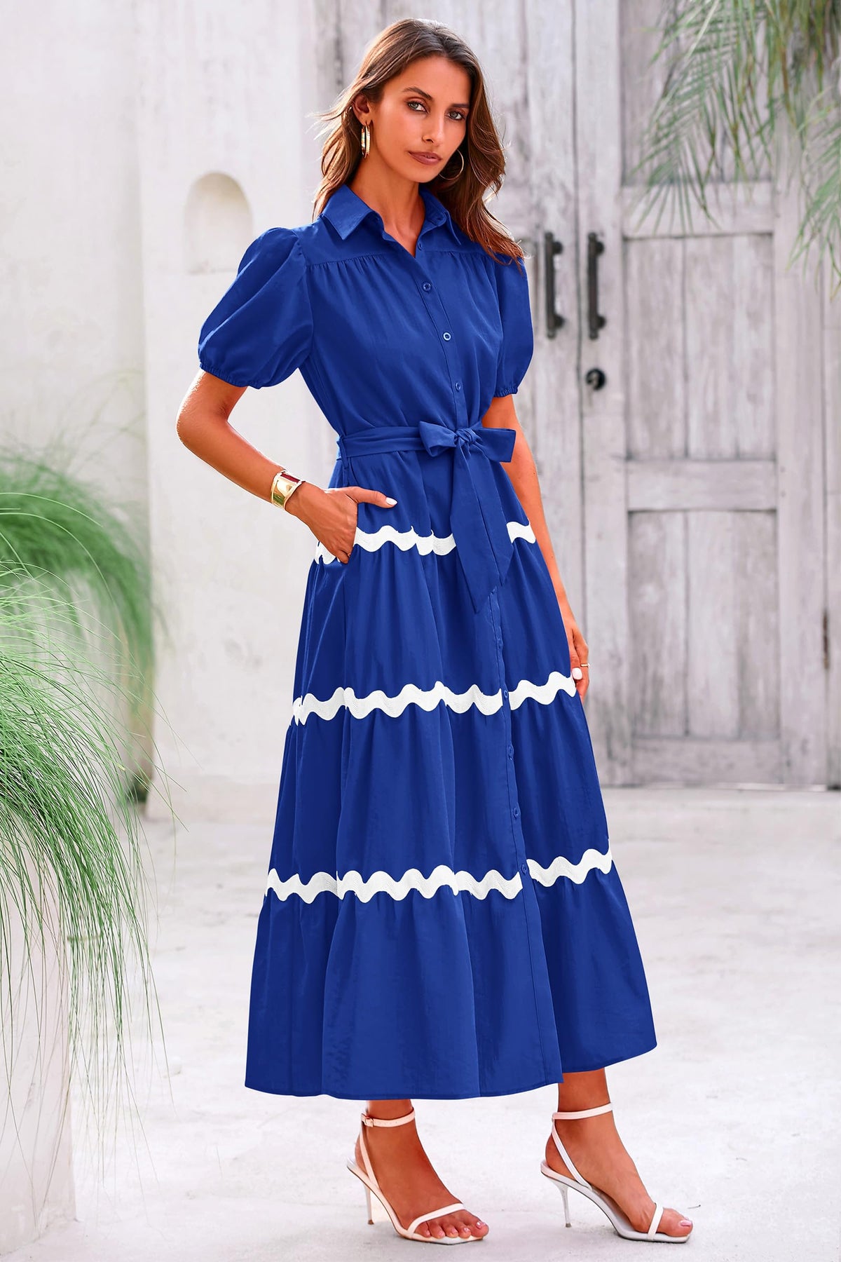 Summer Maxi Button Down Puff Short Sleeve Ruffle Long Flowy Shirt Dresses With Belt