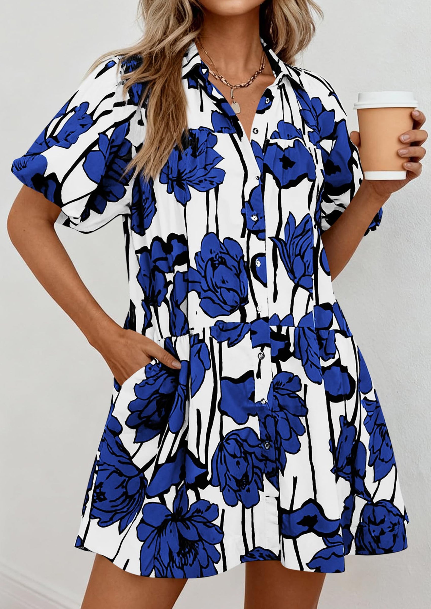 PRETTYGARDEN Womens Summer Dresses 2026 Casual Puff Sleeve Button Down Mini Shirt Dress Boho Floral Babydoll Sun Dress PRETTYGARDEN