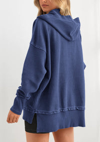 PRETTYGARDEN Womens Fashion Oversized Long Sleeve Hoodie Button Down V Neck Sweatshirt Side Slit Casual Pullover Tops