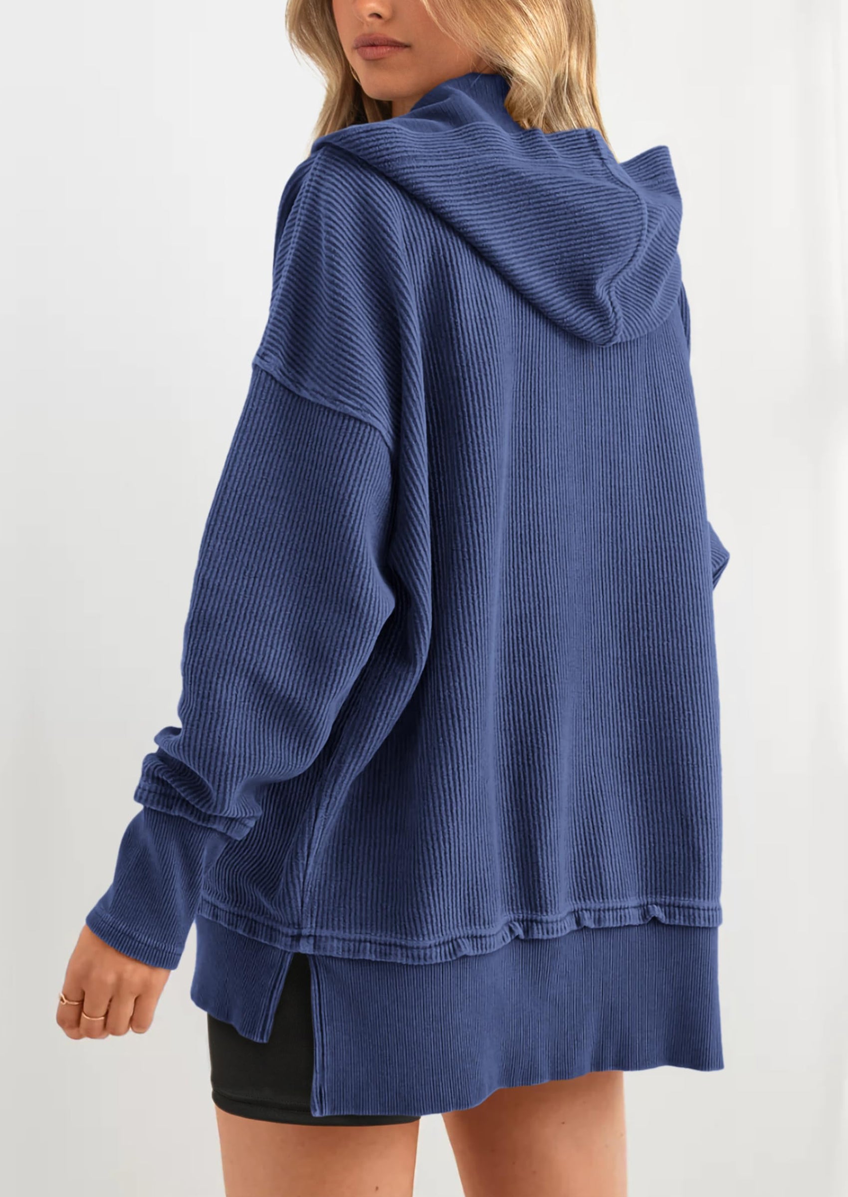 PRETTYGARDEN Womens Fashion Oversized Long Sleeve Hoodie Button Down V Neck Sweatshirt Side Slit Casual Pullover Tops