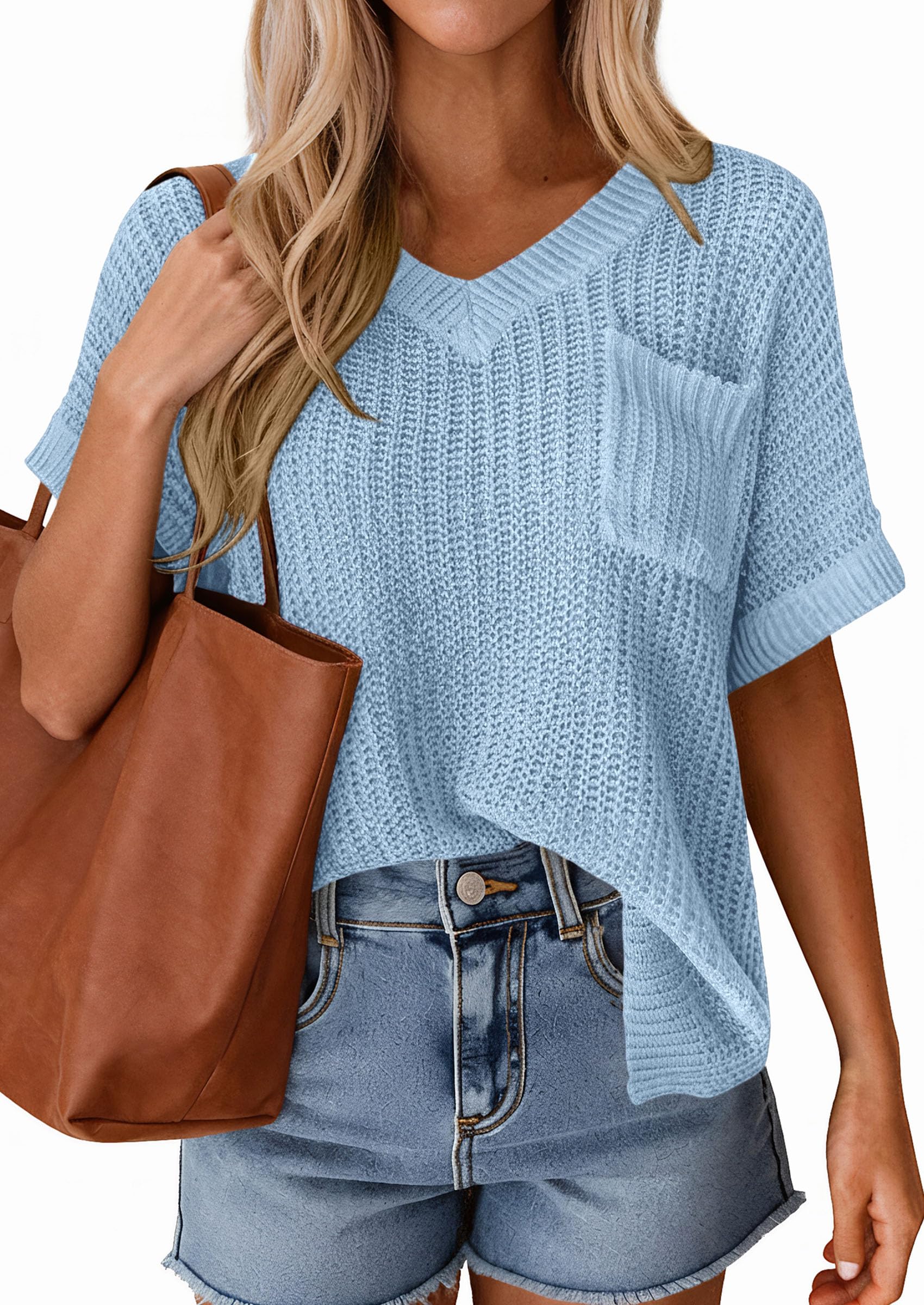 PRETTYGARDEN Women's Spring Short Sleeve Sweaters Lightweight V Neck Casual Going Out Summer T PRETTYGARDEN