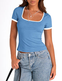 Summer Casual Short Sleeve Ribbed Knit Square Neck Color Block Slim Fit Basic Crop Tops