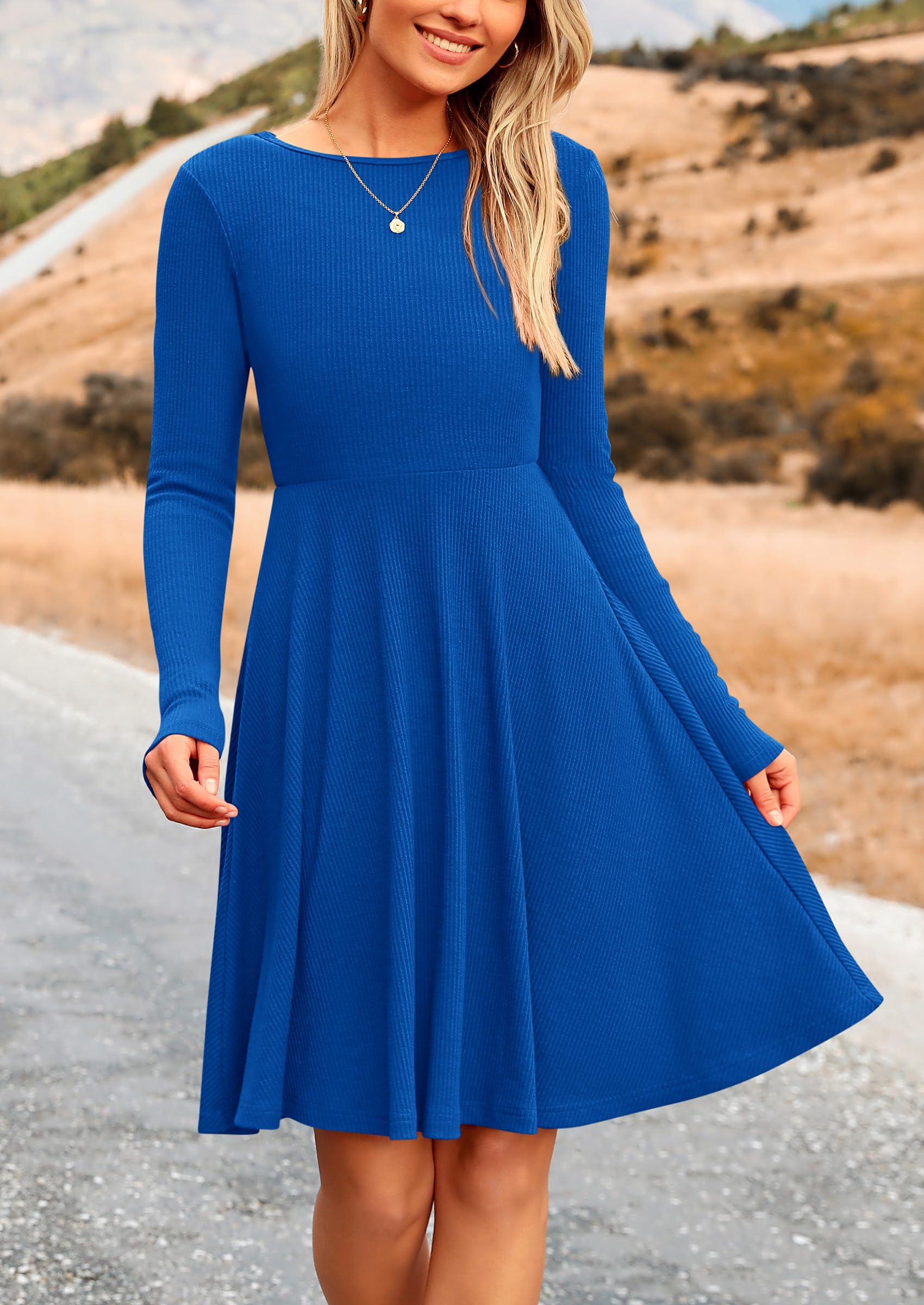 PRETTYGARDEN Women's Spring Fall Short Dress Ribbed Knit Crewneck Long Sleeve A Line Flowy Casual Elegant Going Out Dresses