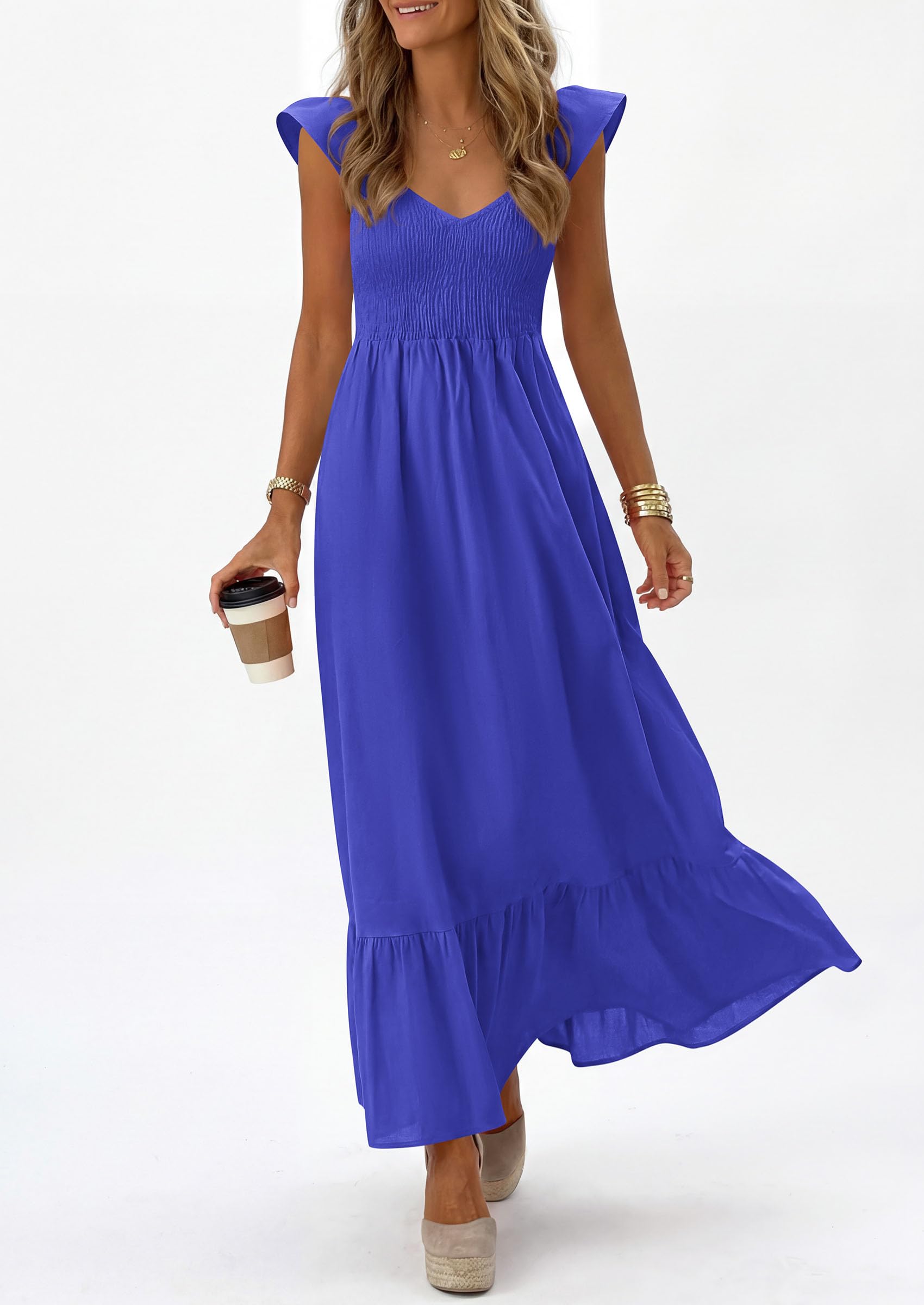 PRETTYGARDEN Women's Summer Casual Maxi Dresses Cap Sleeve V Neck Smocked Long Pockets Party Sundress Vacation Outfits PRETTYGARDEN