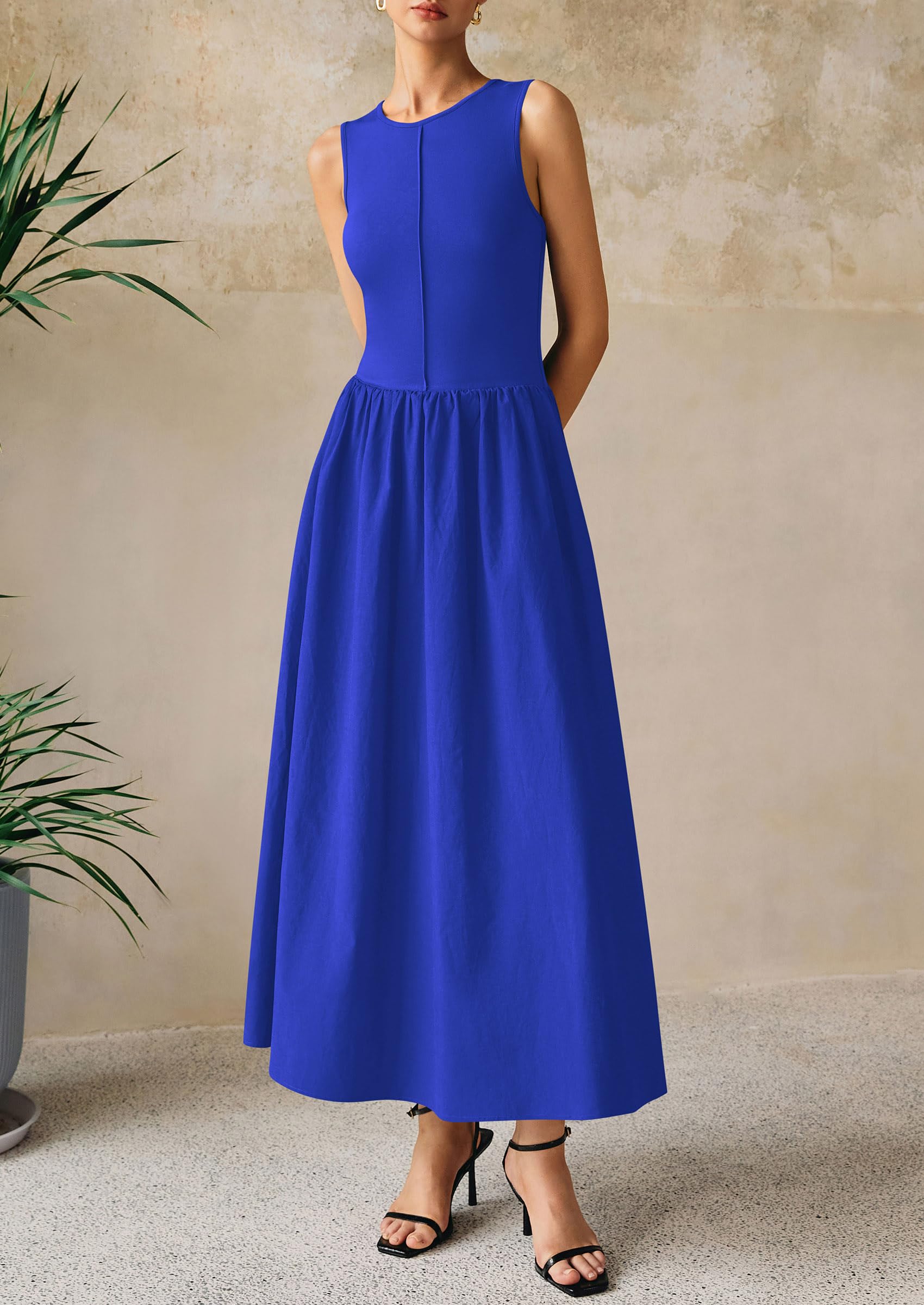 PRETTYGARDEN Women Maxi Dresses Casual Sleeveless Patchwork Knit Tank Dress Flowy Beach Sundress Long Dress