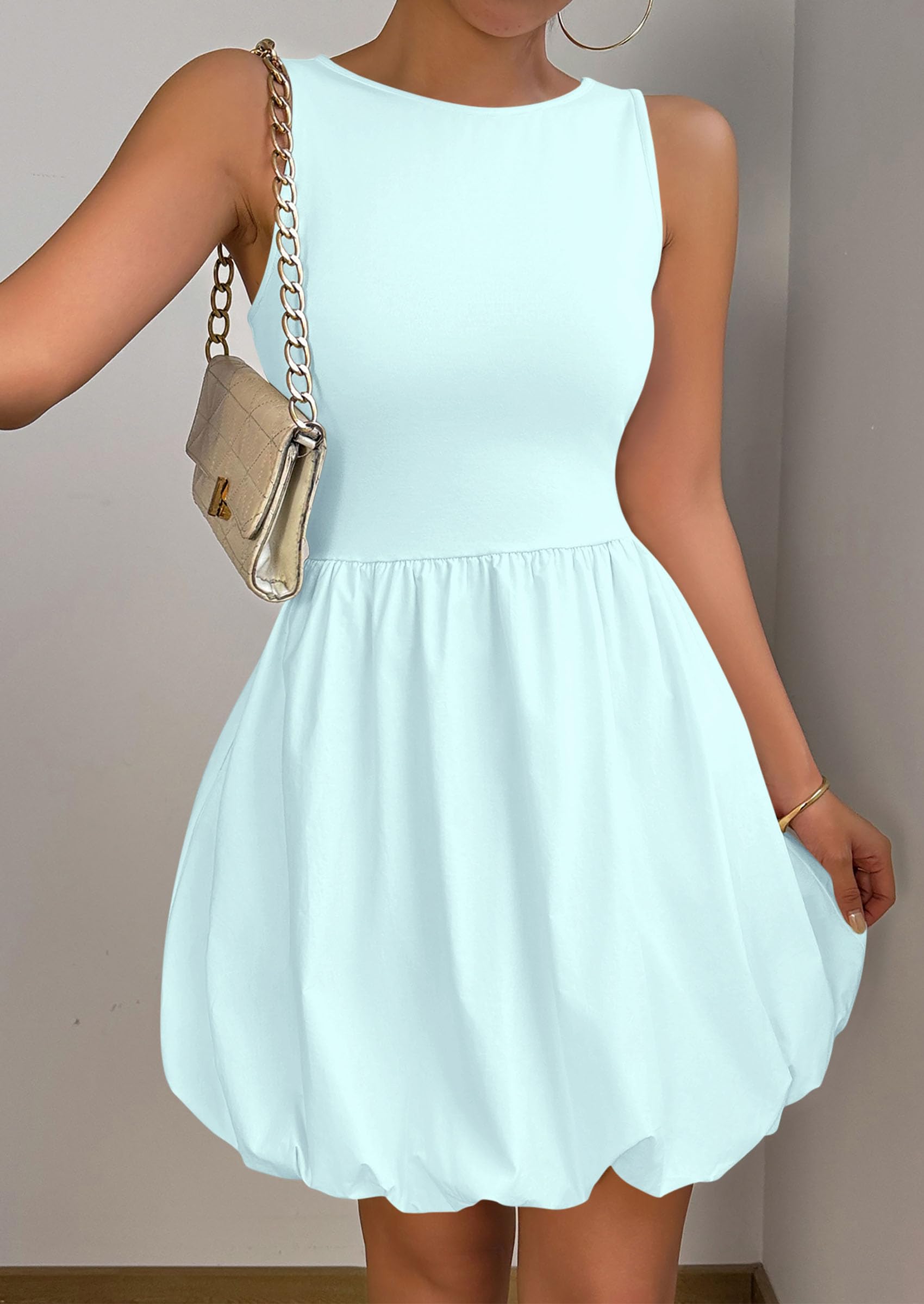 PRETTYGARDEN Summer Dresses for Women Casual Sleeveless Tank Mini Short Dress Crew Neck Bubble Sundress with Pockets