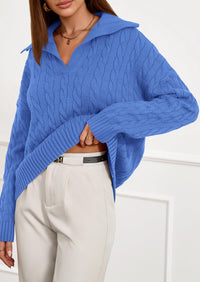 PRETTYGARDEN Fall Cable Knit Oversized Sweaters for Women Polo V Neck Long Sleeve Casual Chunky Sweater Pullover Tops PRETTYGARDEN