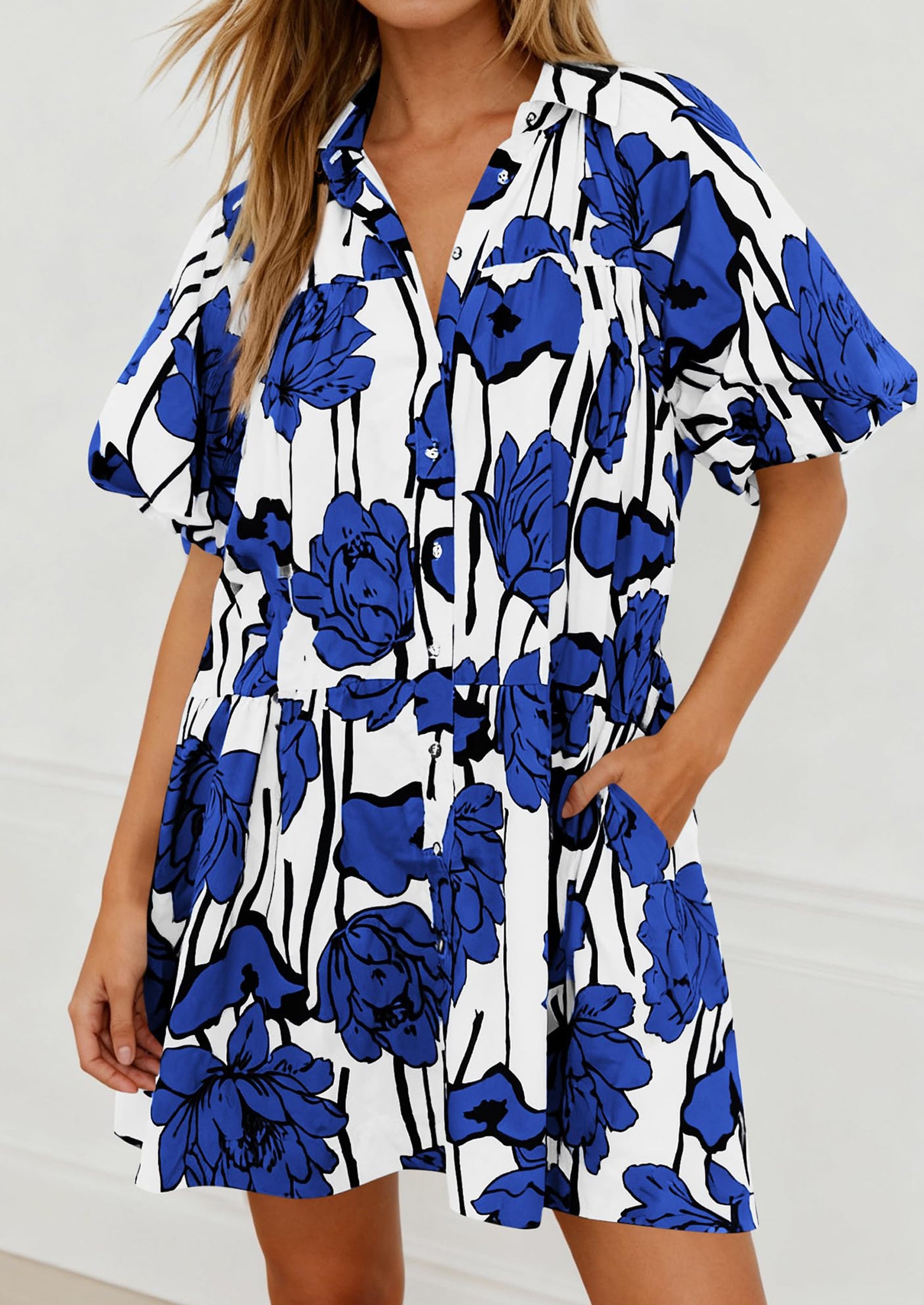 PRETTYGARDEN Womens Summer Dresses 2026 Casual Puff Sleeve Button Down Mini Shirt Dress Boho Floral Babydoll Sun Dress PRETTYGARDEN