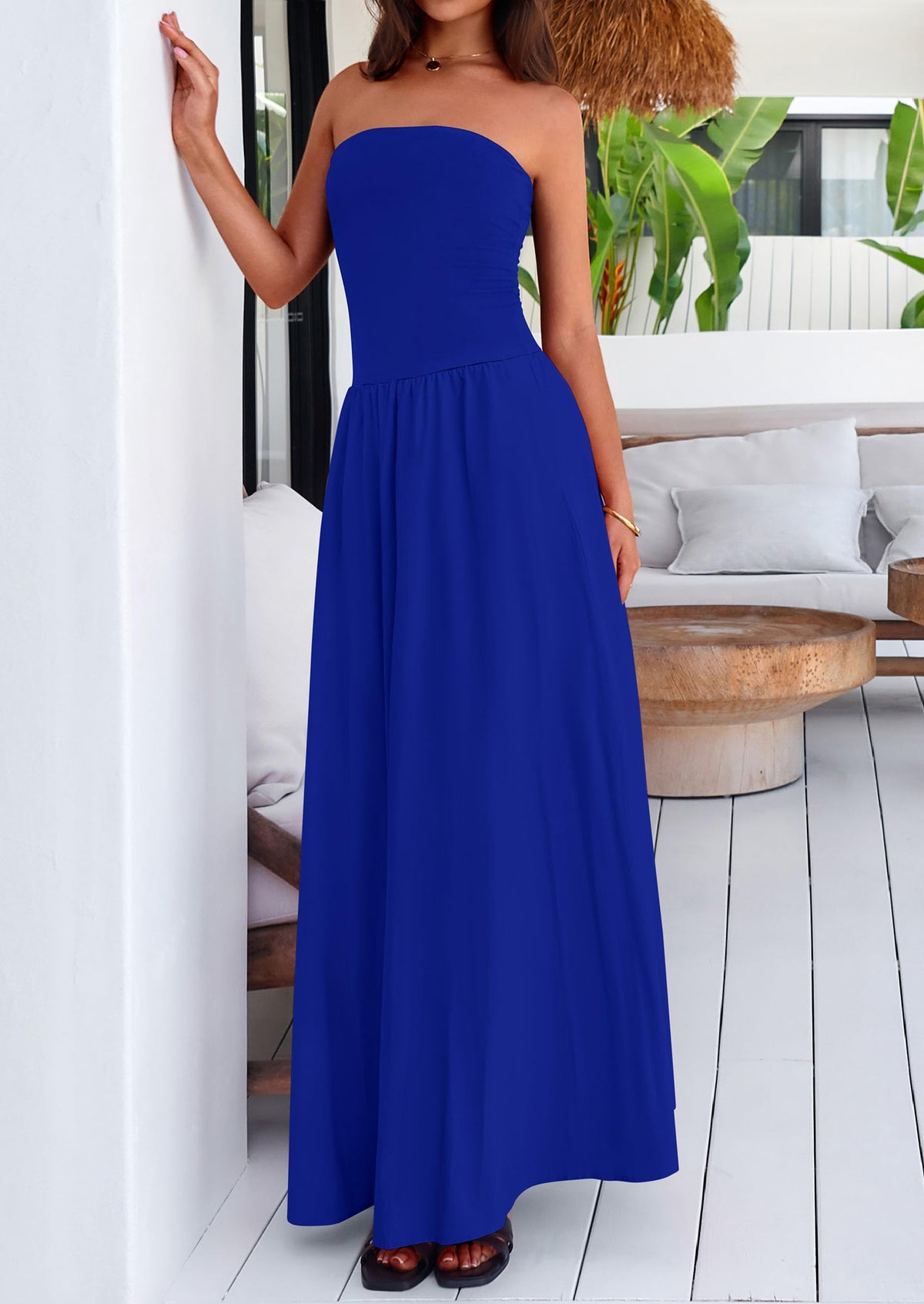 Women's 2025 Summer Strapless Maxi Dresses Patchwork Long Flowy Elegant Going Out Tube Top Dress with Pockets