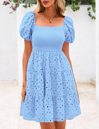 Womens Summer Puff Sleeve Mini Dress Off Shoulder Eyelet Smocked A Line Casual Babydoll Short Dresses