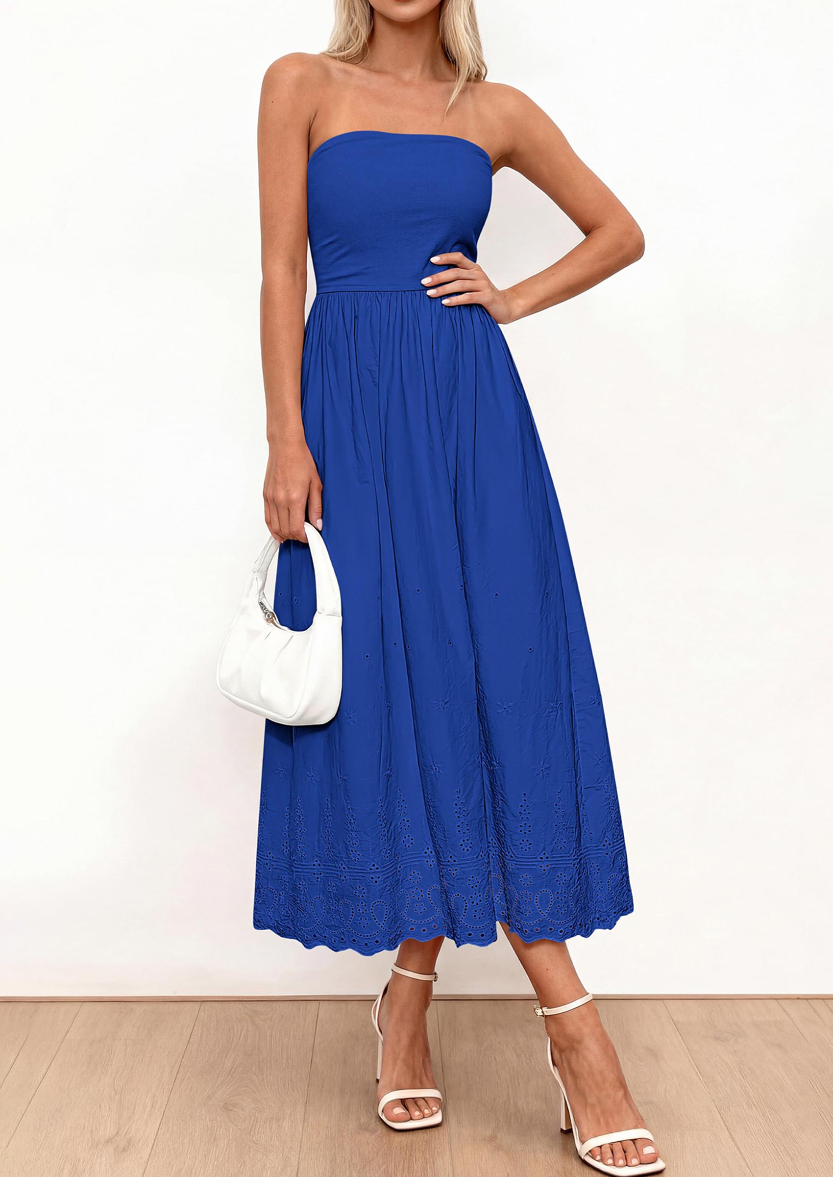 PRETTYGARDEN Womens Summer Dresses Sexy Sleeveless Tube Top Long Dress Eyelet Cotton Maxi Beach Sundress Pockets