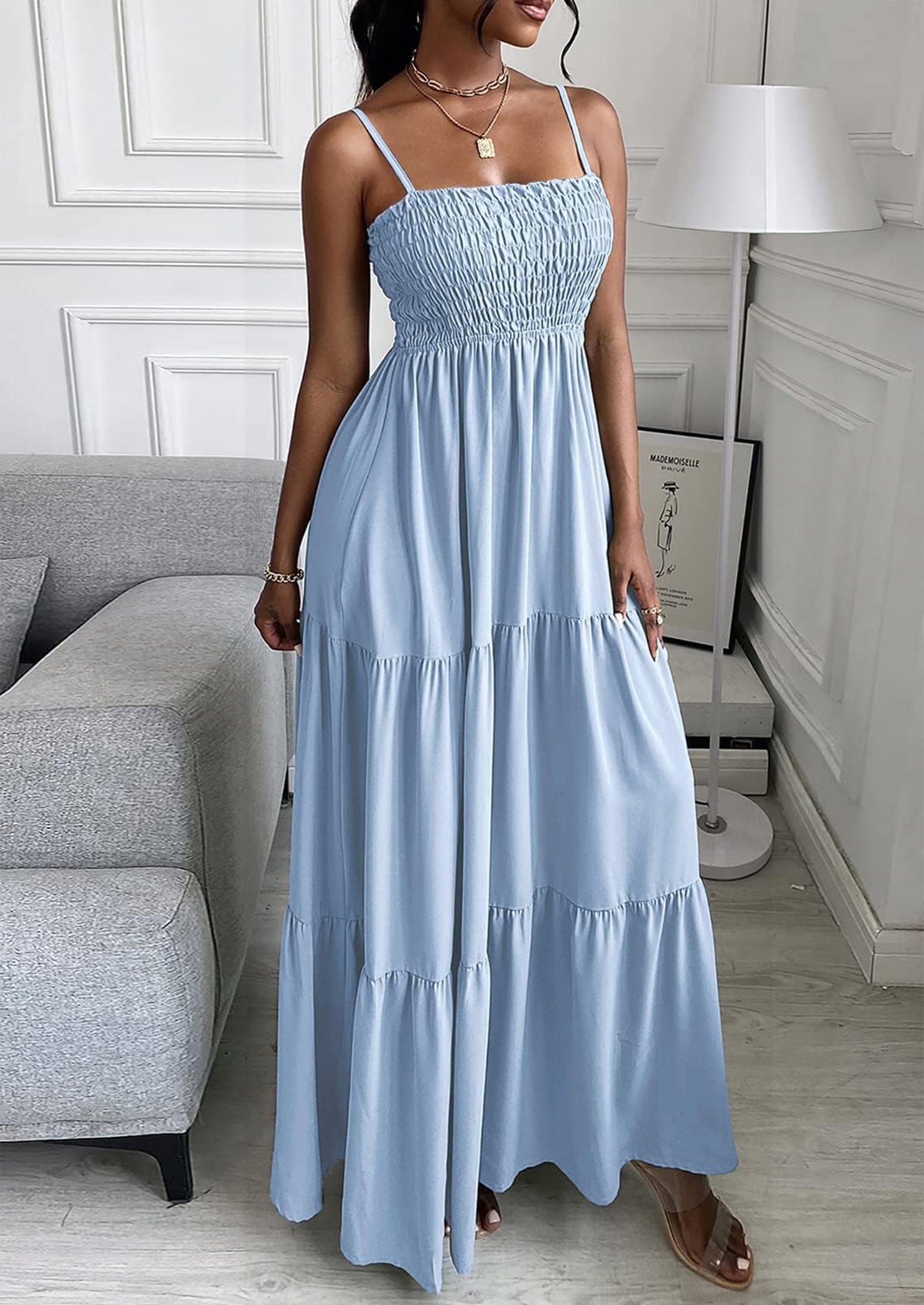 PRETTYGARDEN Women's Summer Maxi Dress Casual Boho Sleeveless Spaghetti Strap Smocked Tiered Long Beach Sundresses PRETTYGARDEN