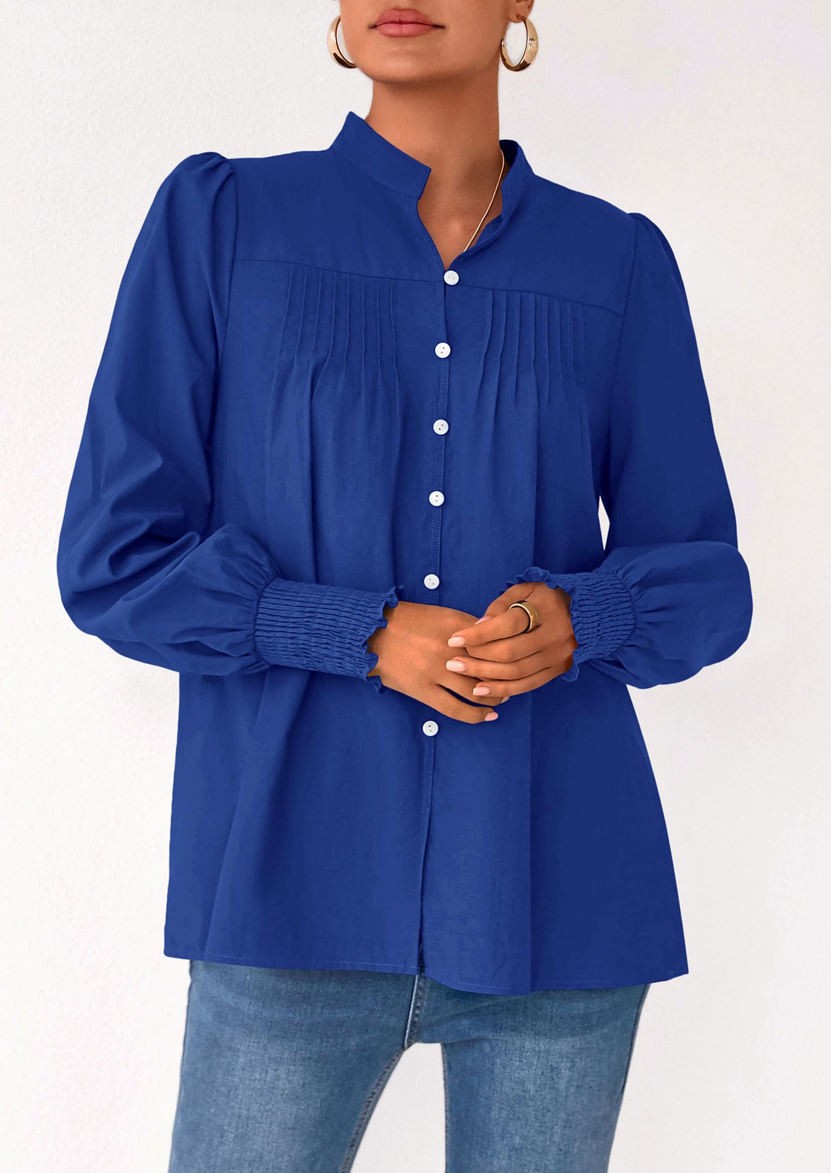 PRETTYGARDEN Womens Fall Lantern Long Sleeve Shirts Trendy Button V Neck Pleated Henley Tops Loose Work Blouses