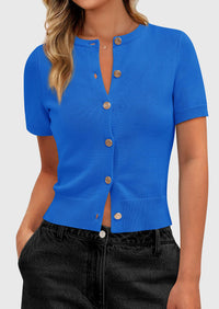 PRETTYGARDEN Womens Casual Summer Short Sleeve Cardigans Button Down Knitted Sweater Basic Crew Neck Crop Tops