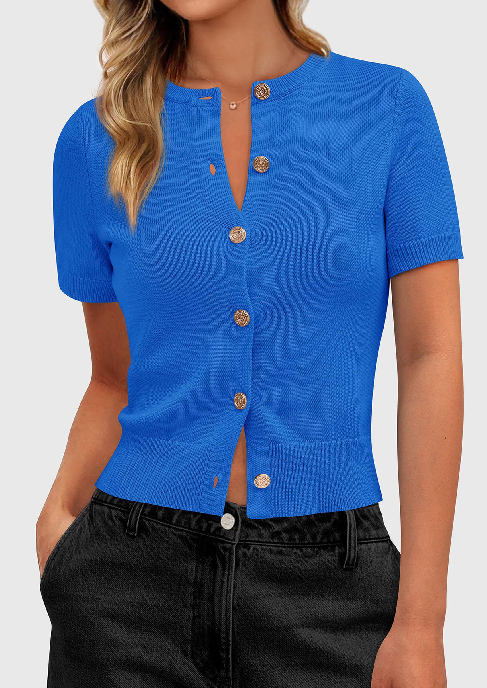 PRETTYGARDEN Womens Casual Summer Short Sleeve Cardigans Button Down Knitted Sweater Basic Crew Neck Crop Tops