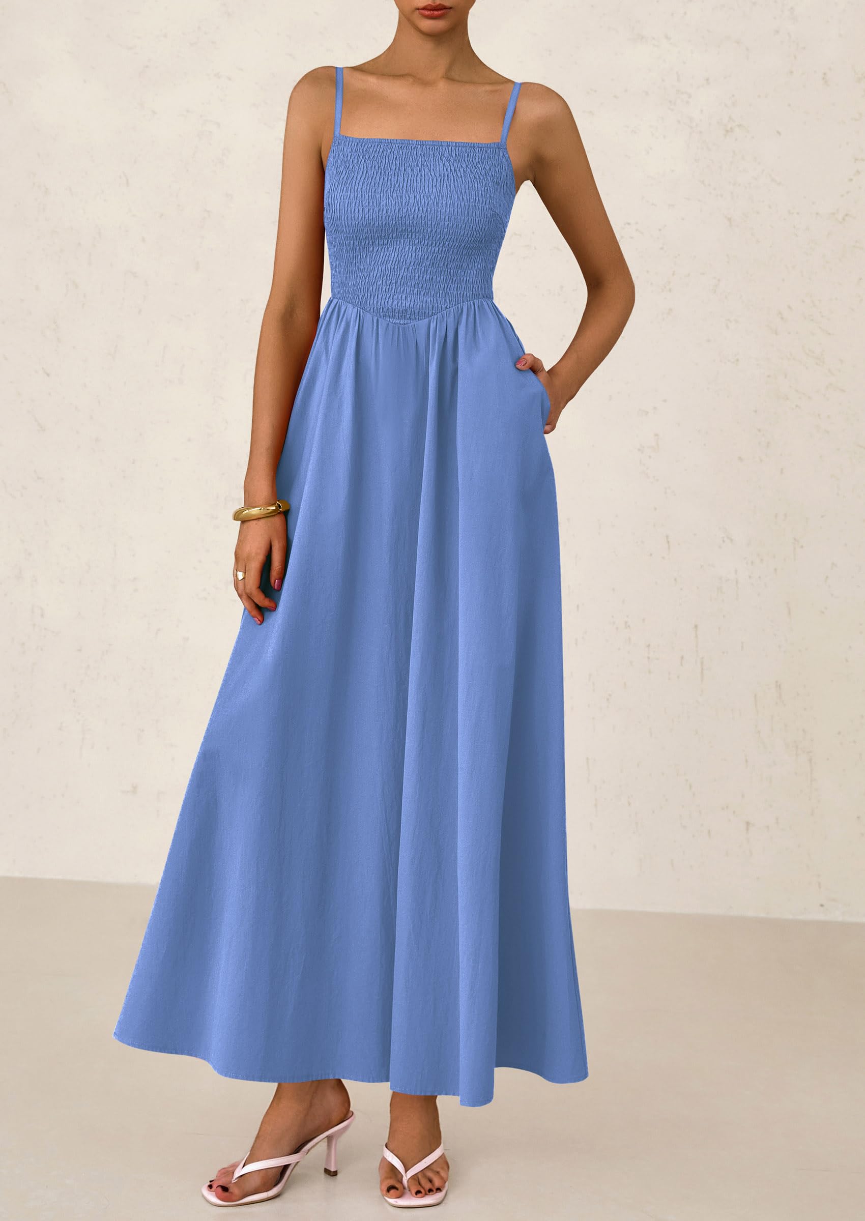 PRETTYGARDEN Women's Smocked Maxi Dresses Beach Sundress Casual Spaghetti Strap Swing A Line Long Flowy Dress