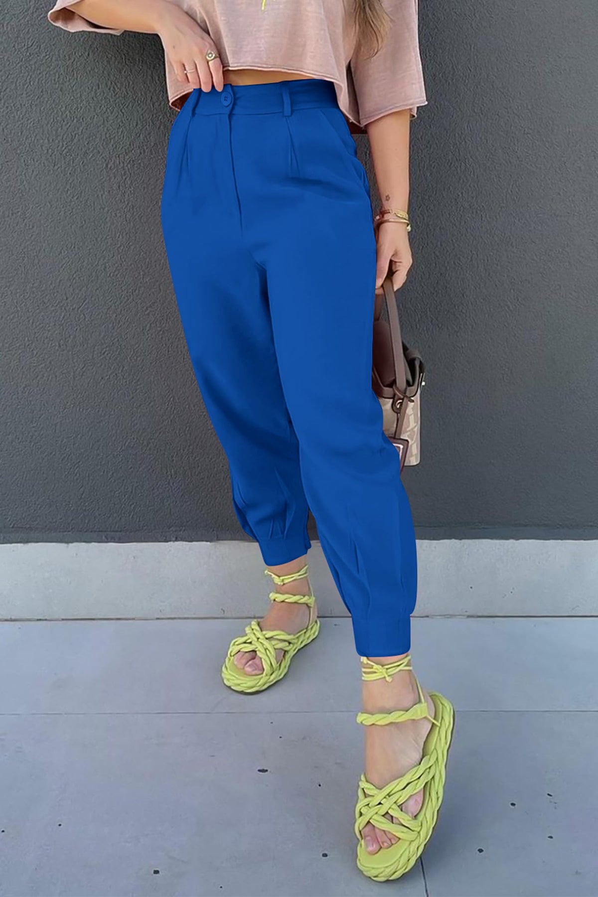 Summer High Waisted Ankle Length Trouser Slacks With Pockets