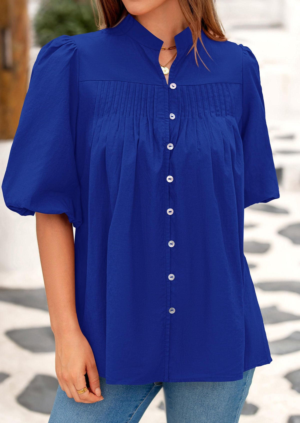 Women's 2025 Summer Short Lantern Sleeve Tops Loose Fit Button Down Shirt Casual Pleated V Neck Blouses