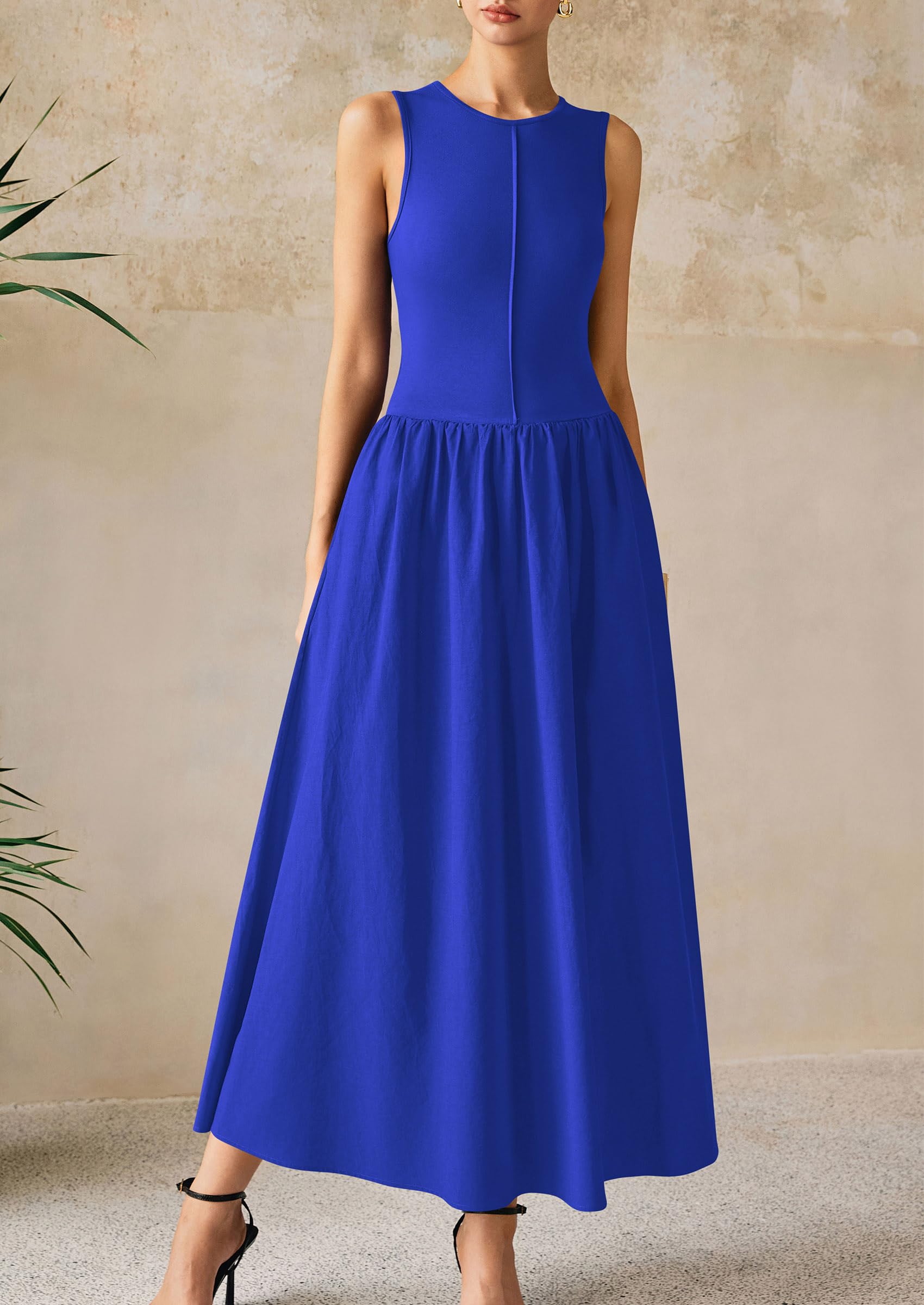 PRETTYGARDEN Women Maxi Dresses Casual Sleeveless Patchwork Knit Tank Dress Flowy Beach Sundress Long Dress