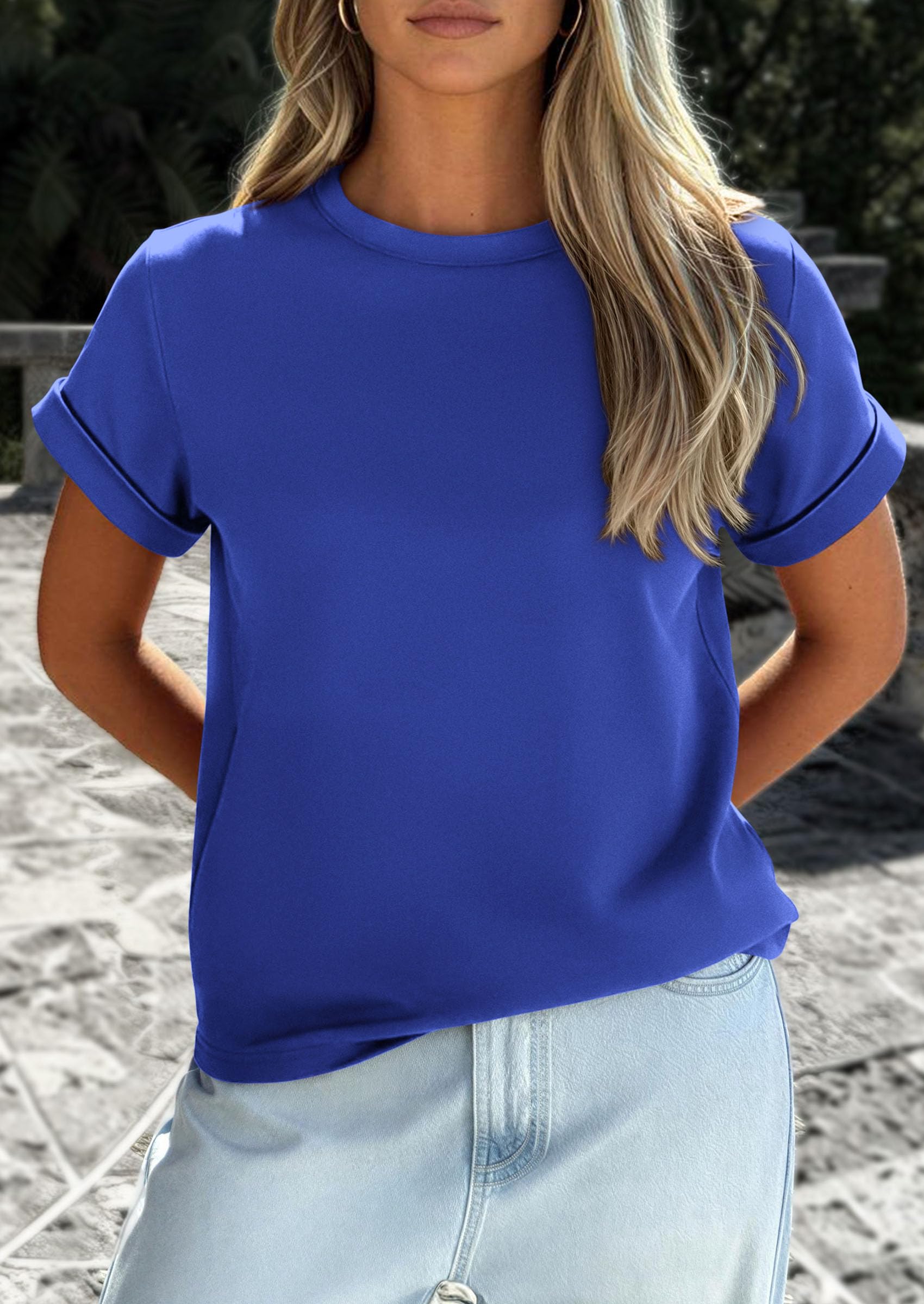 PRETTYGARDEN Womens Summer Tops Spring Casual Rolled Short Sleeve Basic Tees Crew Neck Work Shirts Fashion Clothing PRETTYGARDEN