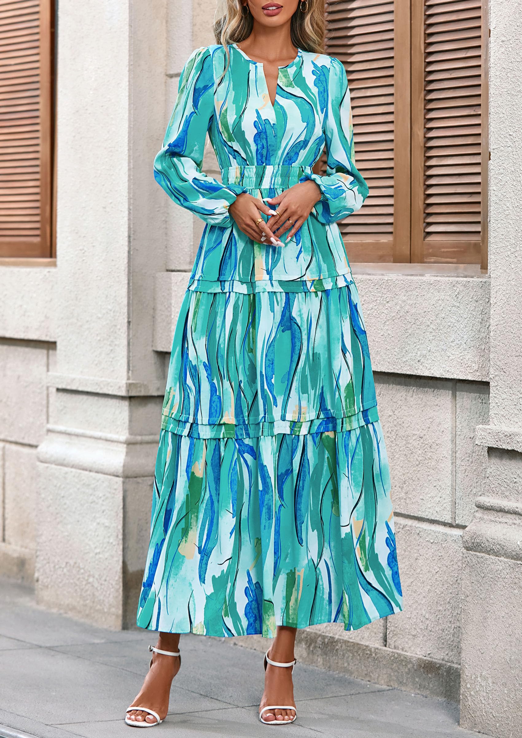 PRETTYGARDEN Women's Fall Boho Maxi Dresses Floral Long Sleeve V Neck Flowy Elegant Wedding Guest Dress Vacation Outfits