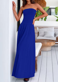 Women's 2025 Summer Strapless Maxi Dresses Patchwork Long Flowy Elegant Going Out Tube Top Dress with Pockets