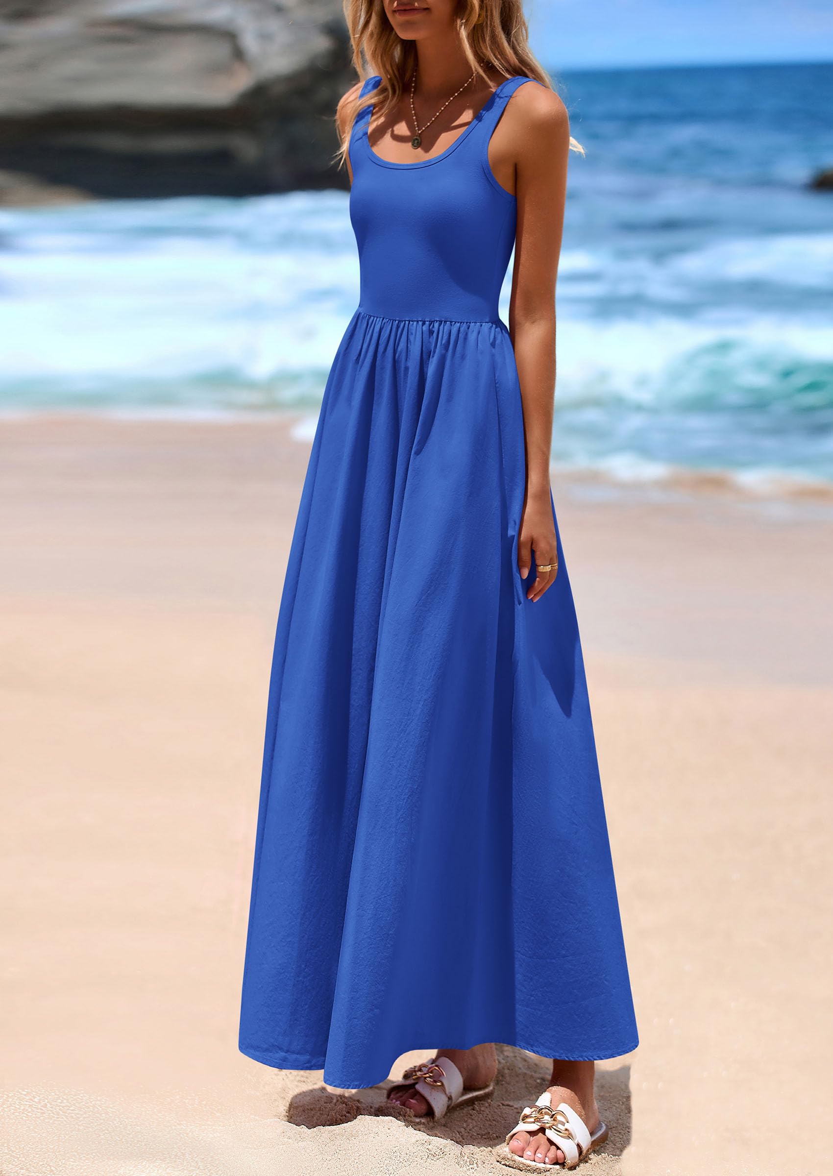 PRETTYGARDEN Womens Summer Casual Scoop Neck Sleeveless Long Dresses Tank Top Patchwork Aline Swing Maxi Dress with Pockets