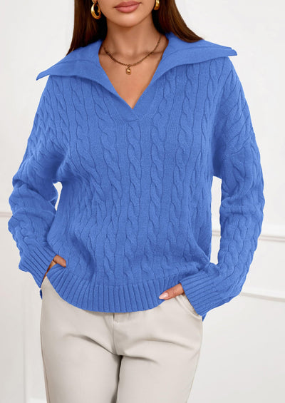 PRETTYGARDEN Fall Cable Knit Oversized Sweaters for Women Polo V Neck Long Sleeve Casual Chunky Sweater Pullover Tops PRETTYGARDEN