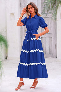 Summer Maxi Button Down Puff Short Sleeve Ruffle Long Flowy Shirt Dresses With Belt