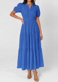 PRETTYGARDEN Womens Summer Maxi Dresses Casual Puff Sleeve V Neck Smocked Flowy Eyelet Cotton Dress Spring Sundress PRETTYGARDEN