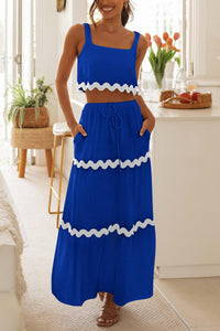 2 Piece Summer Casual Sleeveless Cropped Tank Top High Waisted Maxi Skirt Set