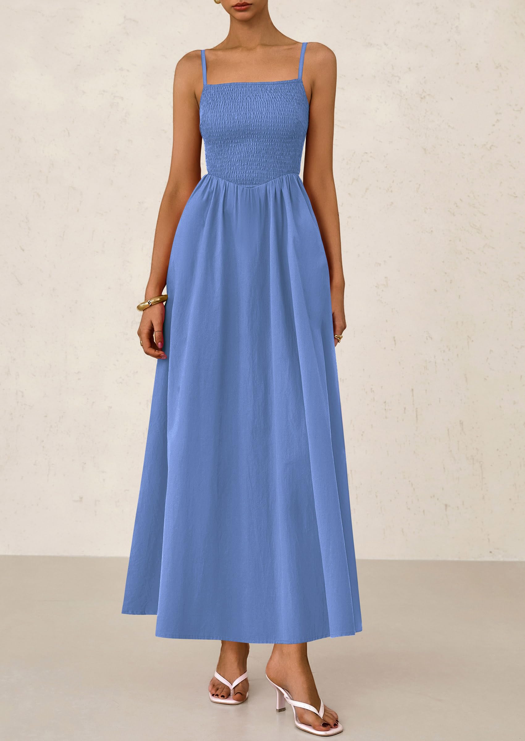 PRETTYGARDEN Women's Smocked Maxi Dresses Beach Sundress Casual Spaghetti Strap Swing A Line Long Flowy Dress