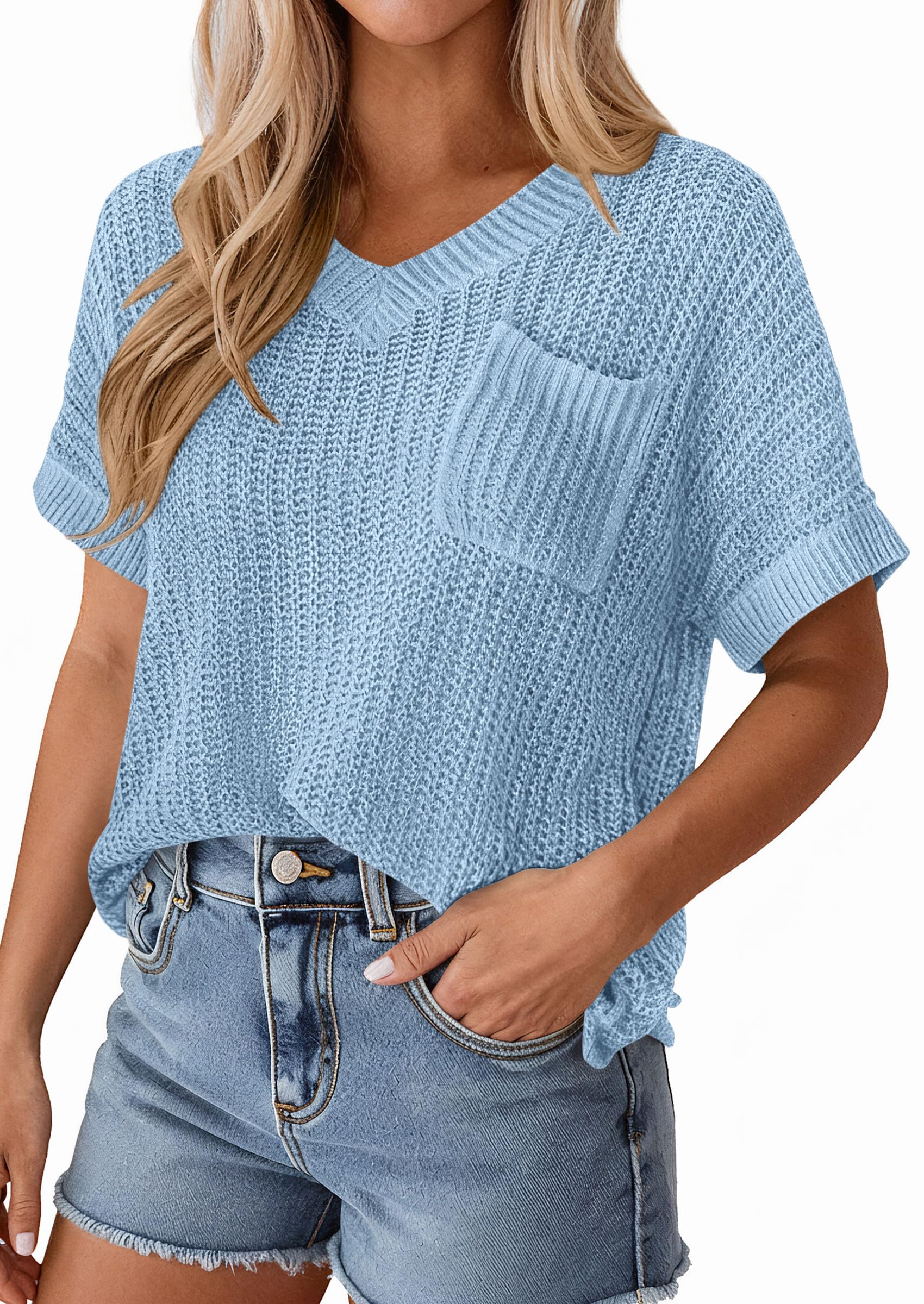 PRETTYGARDEN Women's Spring Short Sleeve Sweaters Lightweight V Neck Casual Going Out Summer T PRETTYGARDEN