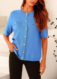 Summer Button Down Shirts Casual Short Sleeve Crew Neck Ribbed Knit Blouse Top Cardigans