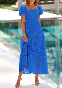 PRETTYGARDEN Dresses for Women Eyelet Square Neck Puff Sleeve Smocked Wedding Guest Maxi Dress with Pockets