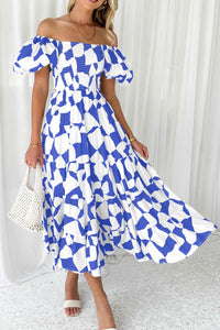 Off Shoulder Puff Sleeve Print Smocked Ruffle Beach Flowy Boho Midi Dress