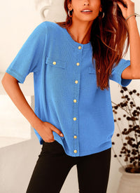 Button Down Casual Short Sleeve Crew Neck Ribbed Knit Shirts