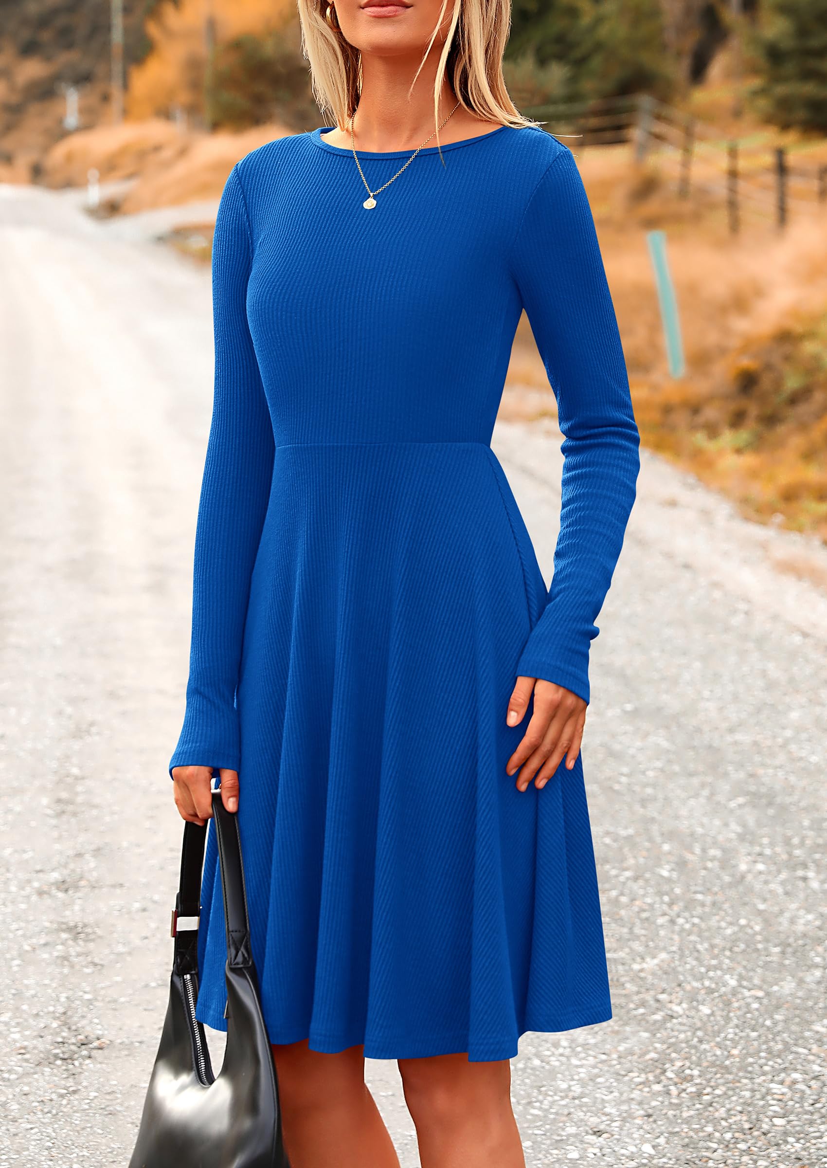 PRETTYGARDEN Women's Spring Fall Short Dress Ribbed Knit Crewneck Long PRETTYGARDEN Women's Spring Fall Short Dress Ribbed Knit Crewneck Long