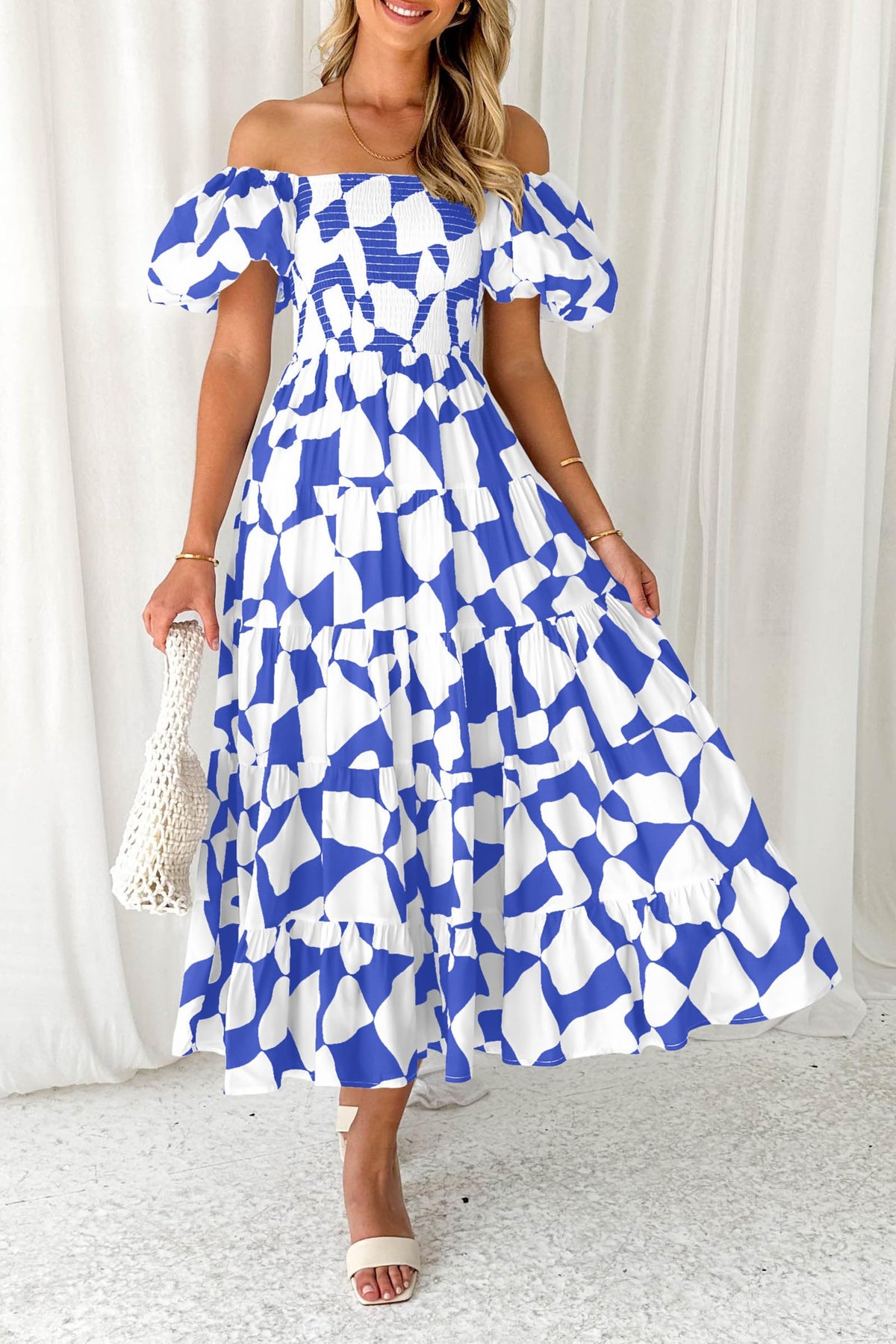 Off Shoulder Puff Sleeve Print Smocked Ruffle Beach Flowy Boho Midi Dress