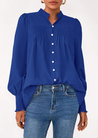 PRETTYGARDEN Womens Fall Lantern Long Sleeve Shirts Trendy Button V Neck Pleated Henley Tops Loose Work Blouses