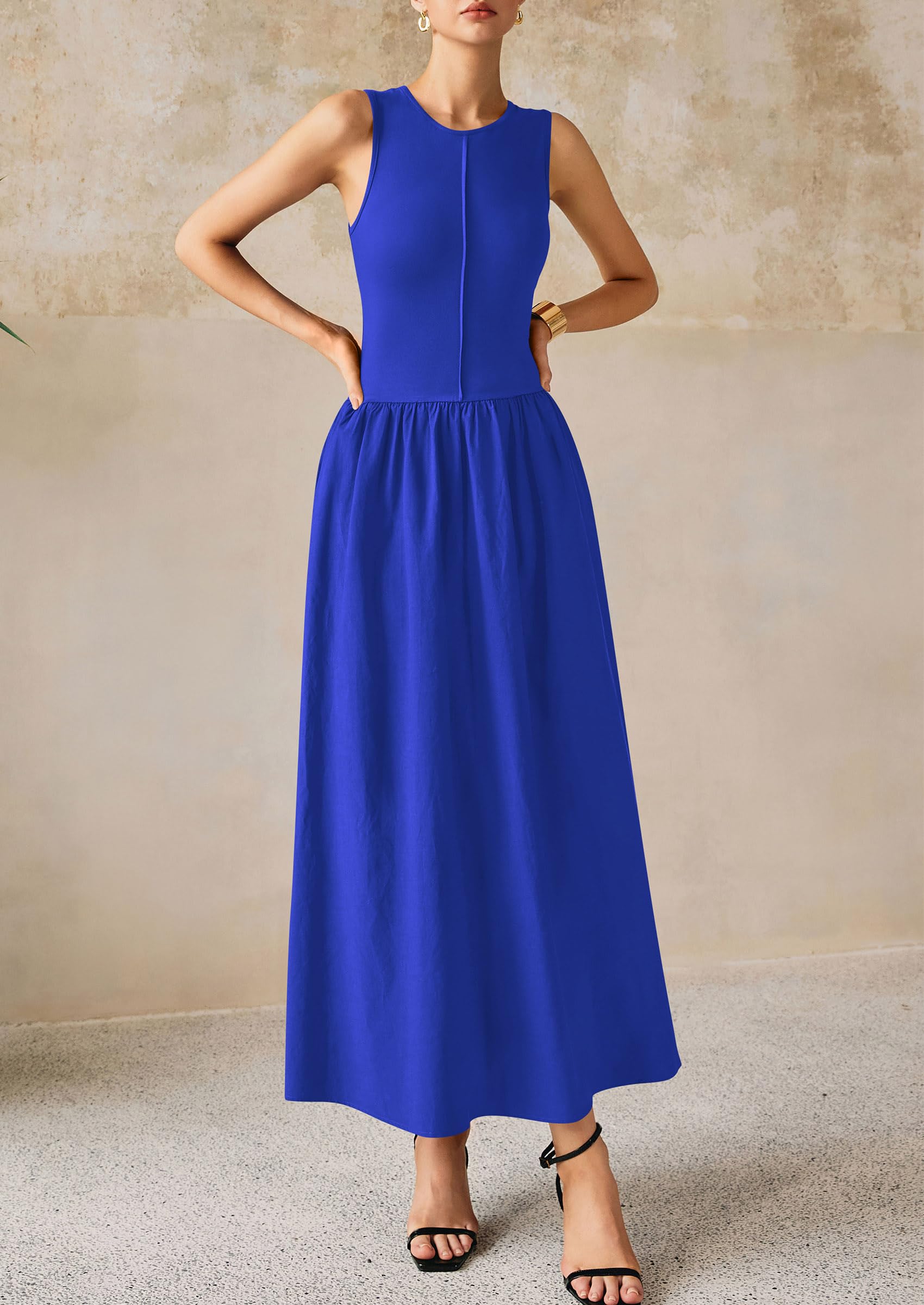 PRETTYGARDEN Women Maxi Dresses Casual Sleeveless Patchwork Knit Tank Dress Flowy Beach Sundress Long Dress