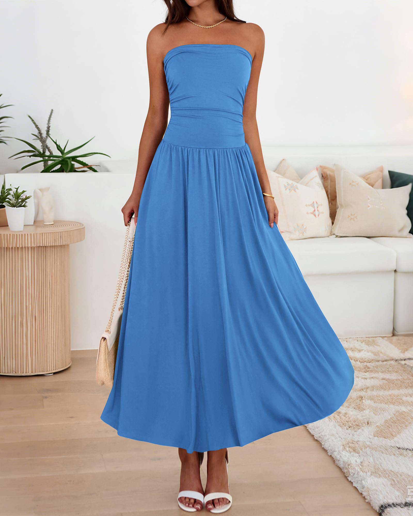 BTFBM Summer Maxi Dresses for Women Strapless Ruched Tube Top Beach Vacation Spring Wedding Guest Dress Pockets PRETTYGARDEN